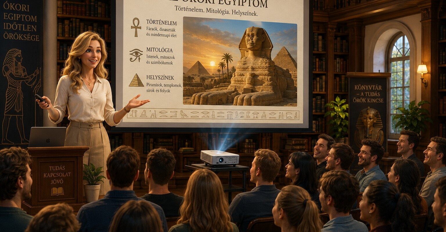 Female presenter in a light blouse speaks at a wooden podium in a library, projecting an Egyptian history slideshow for a classroom audience.