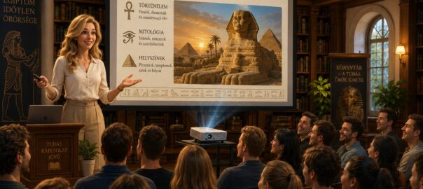 Female presenter in a light blouse speaks at a wooden podium in a library, projecting an Egyptian history slideshow for a classroom audience.